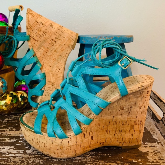 ALDO TURQUOISE ANKLE WRAP WEDGES 7 - Picture 3 of 8